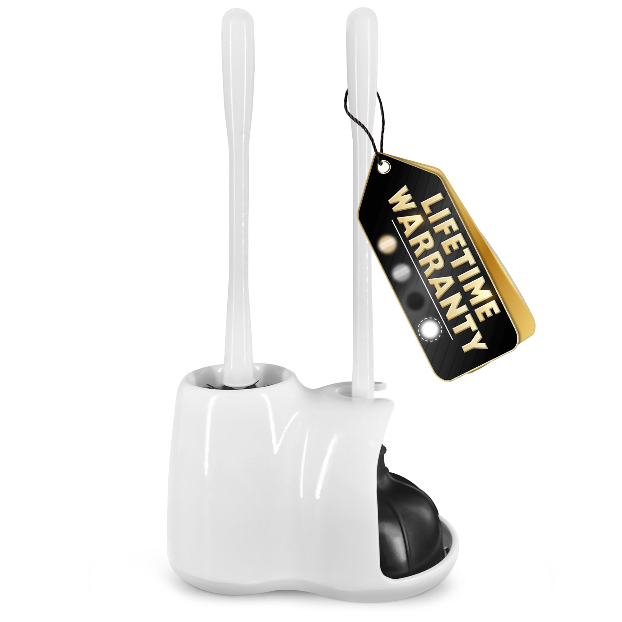 2-in-1 White Toilet Brush and Plunger Set with Holder - Compact Bathroom Cleaning Combo, Strong Rubber Plunger & Stiff Bristle B