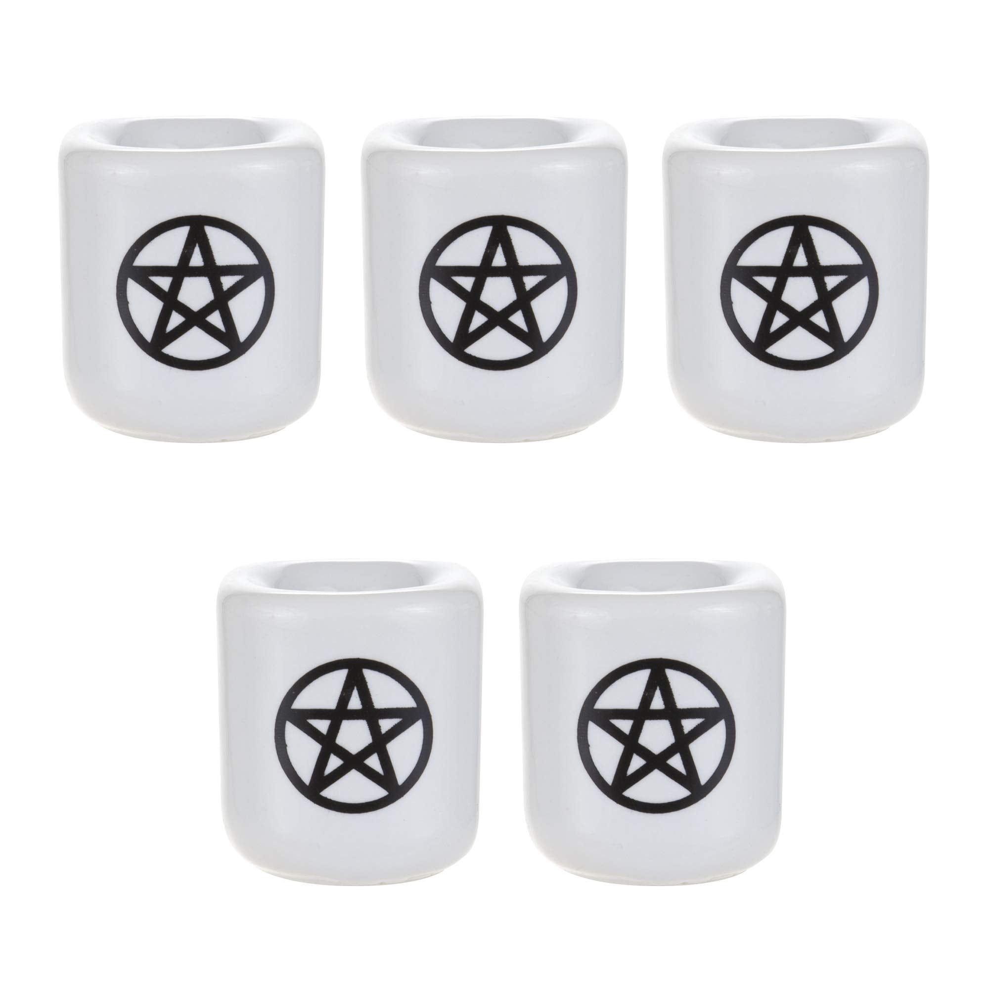 Mega Candles - 5 pcs Ceramic Black Pentacle Chime Ritual Spell Candle Holder - White