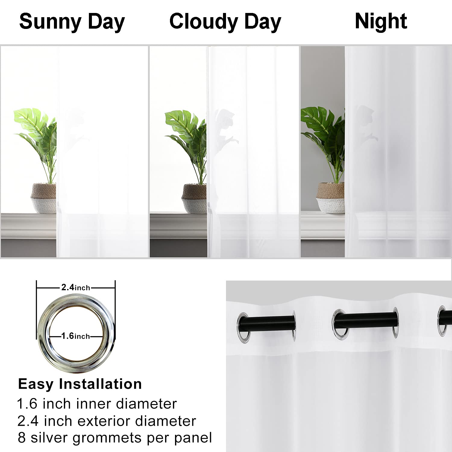 Hiasan Sheer Curtains 63 Inch Length With Tiebacks, Light Filtering Airy Breathable Grommet Voile Window Curtains For Living Room, Bedroom, Kids' Room, Off White, W52 X L63, Set Of 2 Drape Panels