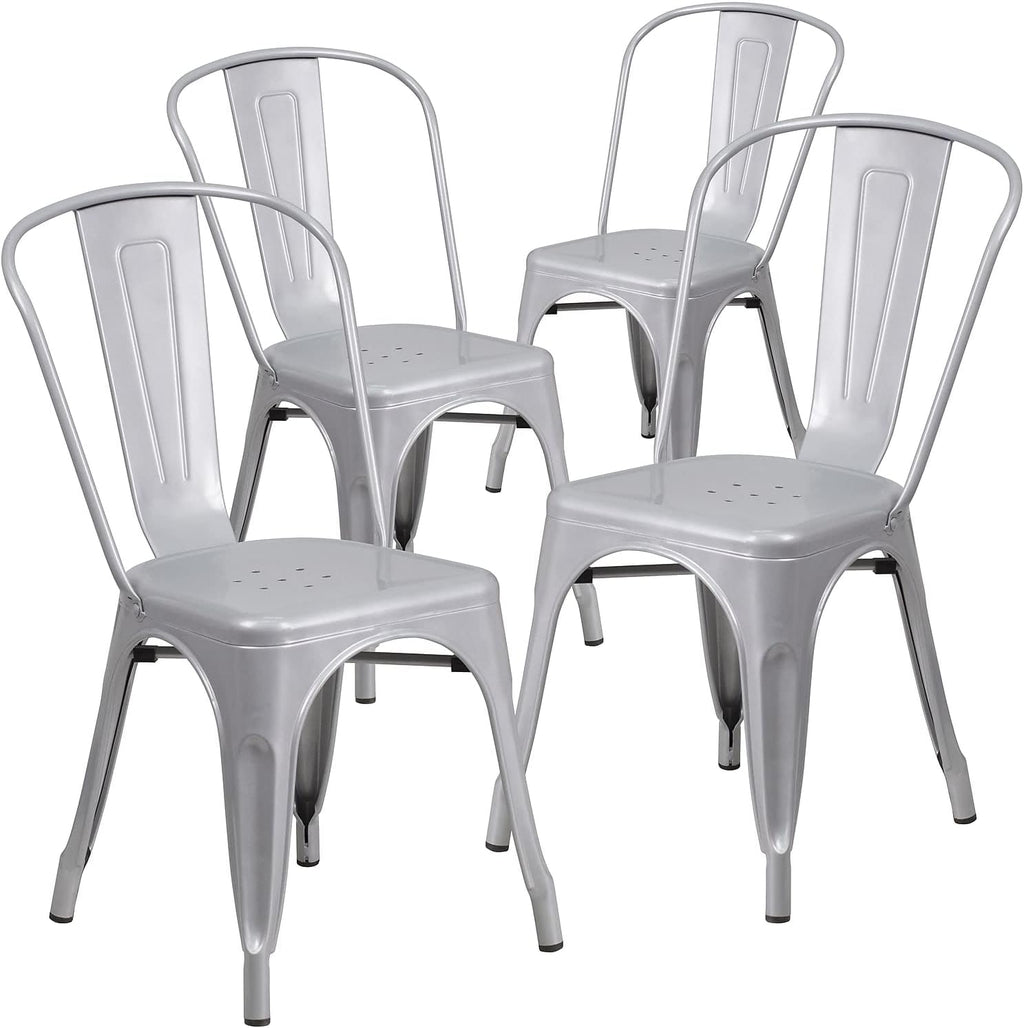 Commercial Grade 31.5 Square Silver Metal Indoor-Outdoor Table Set with 4 Stack Chairs
