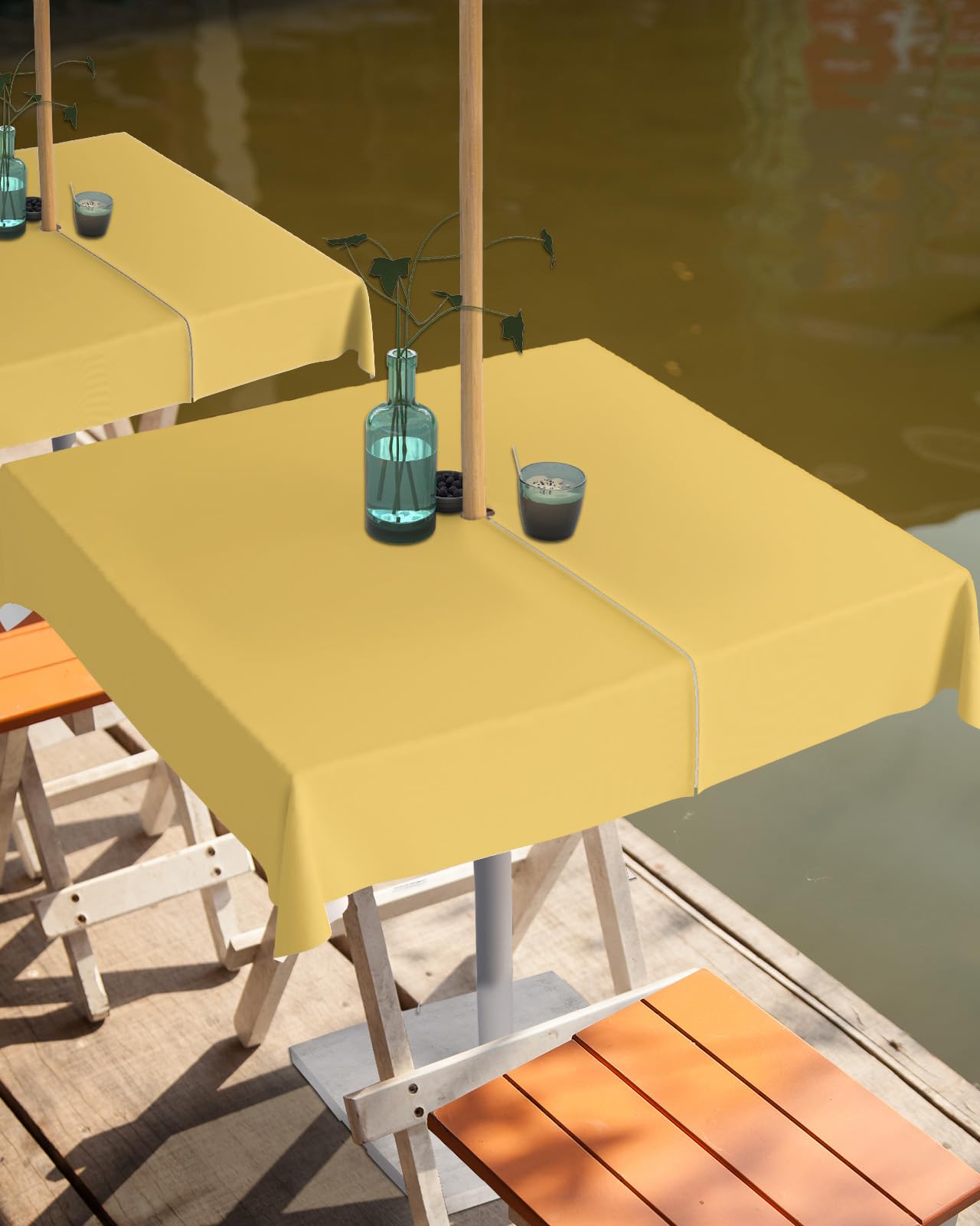 QueenKer Outdoor Tablecloth with Umbrella Hole Zipper Yellow Polyester 54 x 54 inch