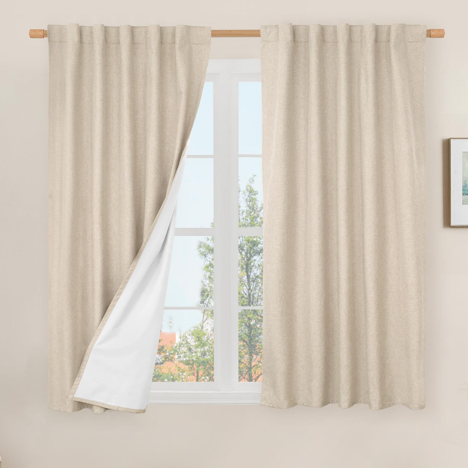 LAMIT 100% Blackout Short Linen Curtains 48 Inches Long, Linen Textured Thermal Curtains Back Tab and Rod Pocket Neutral Panels 