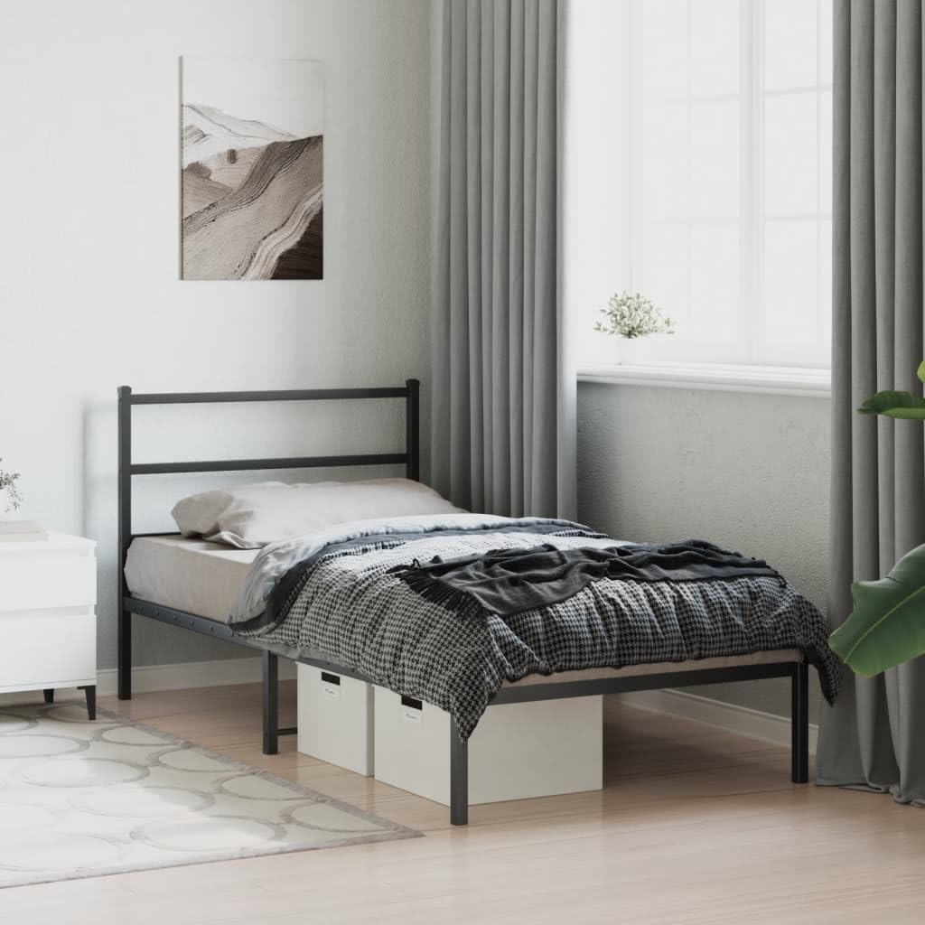 vidaXL Black Metal Bed Frame-Single Bed with Headboard, Steel Construction, 81.5x41.3x35.4 Inches, Ample Under-Bed Storage