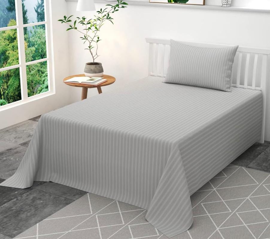 TRIPURARI 210 TC Glace Cotton Plain Stripe Single Bedsheet with One Pillow Cover for Home Hotel (60X90) Inch (Silver)