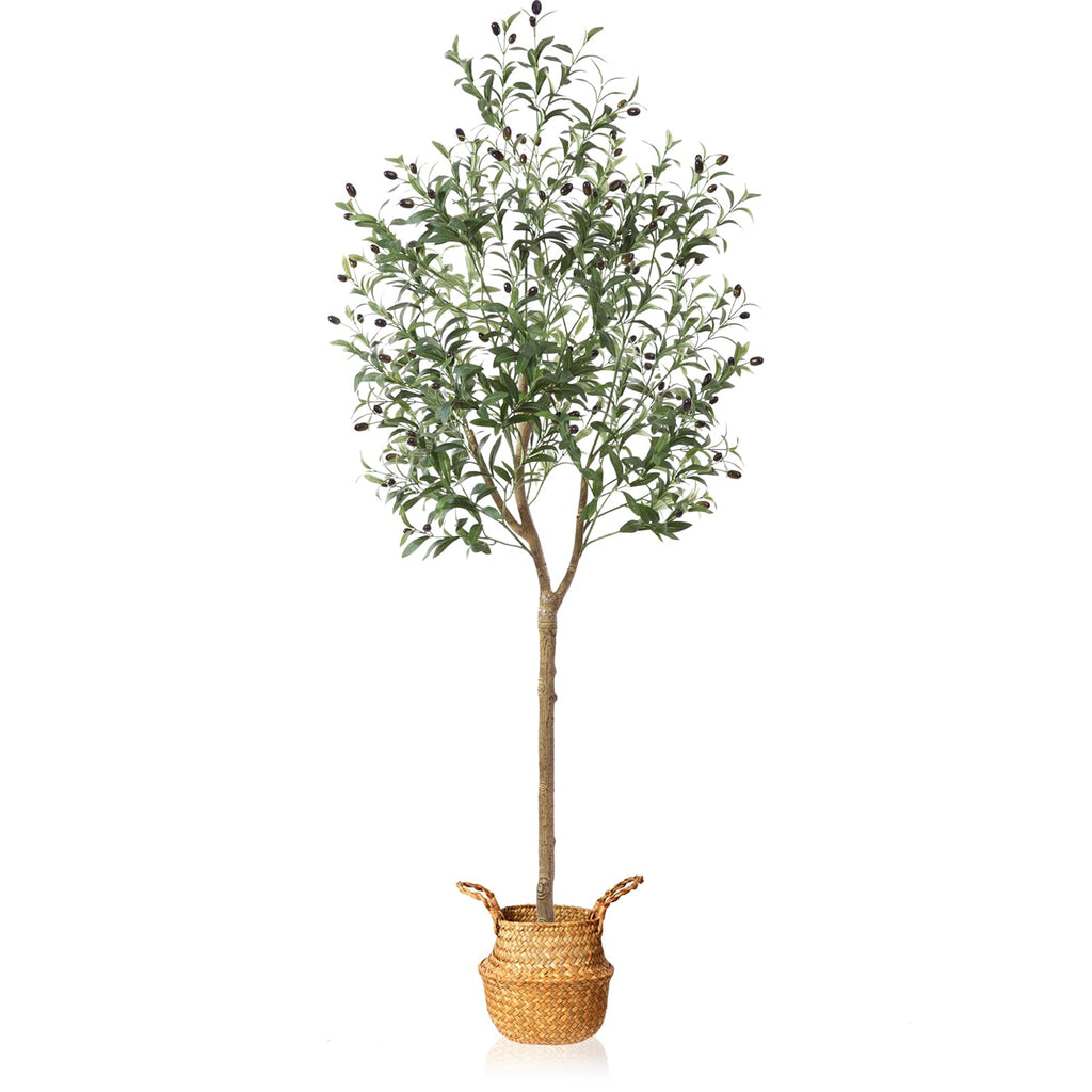 MOSADE Artificial Olive Tree 6 Feet Fake Olive Silk Plant and Handmade Seagrass Basket, Perfect Tall Faux Topiary Silk Tree for 