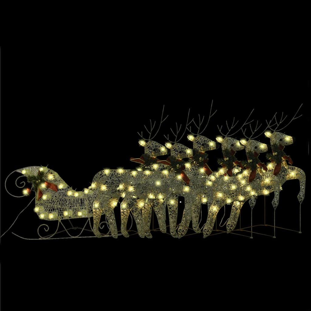 vidaXL Gold Outdoor Reindeer & Sleigh Christmas Decoration with Energy-Efficient LED Lights - 140 Long-Lasting Warm White LED Lights - Weather-Resistant Mesh Material - Multiple Lighting Effects