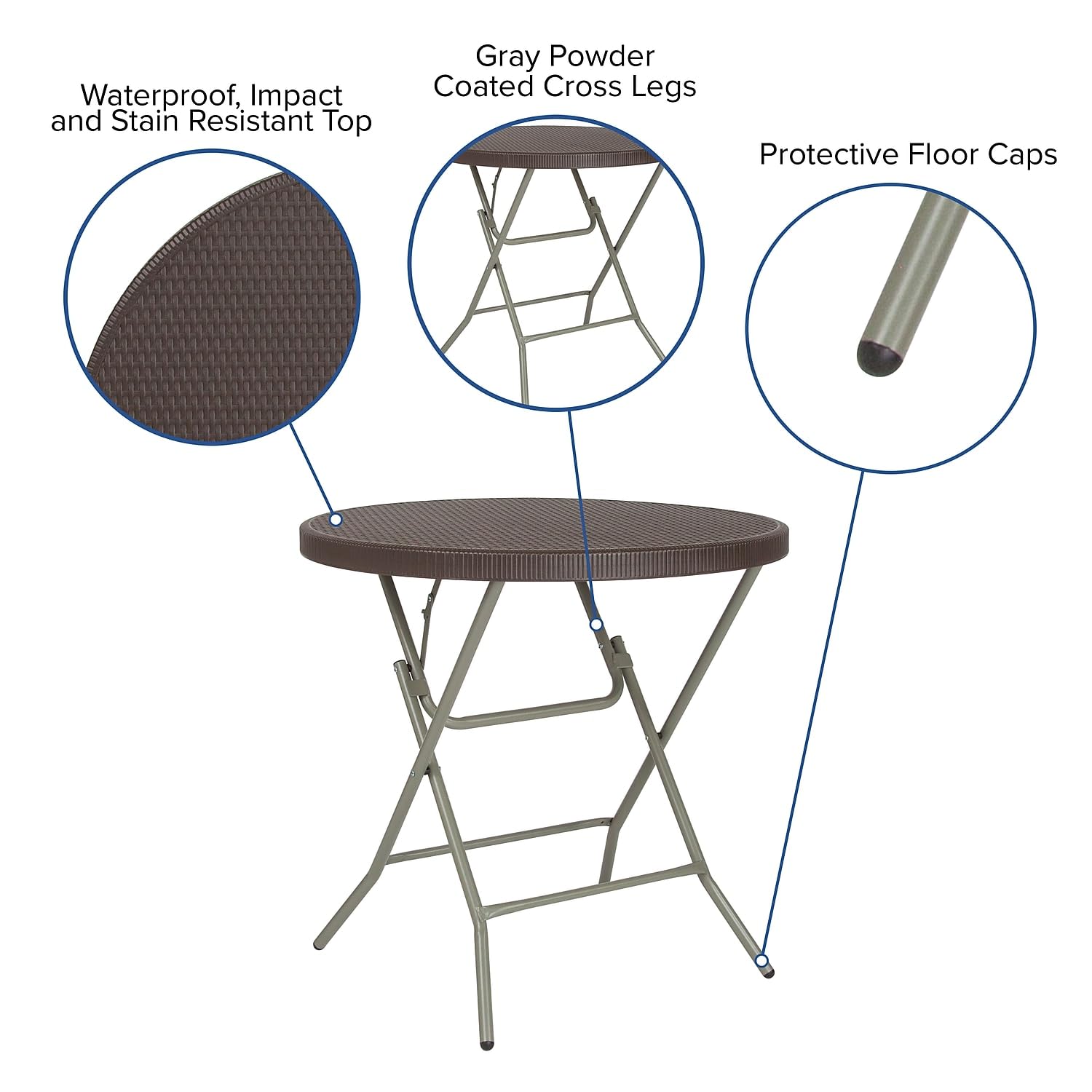Flash Furniture Trellis 2.6-Foot Round Brown Rattan Plastic Folding Table