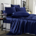 TREELY 6 Piece Satin Sheets King Size Silky Smooth Navy Blue Satin Sheet Set with Deep Pocket, Satin Fitted Sheet, Flat Sheet, 4