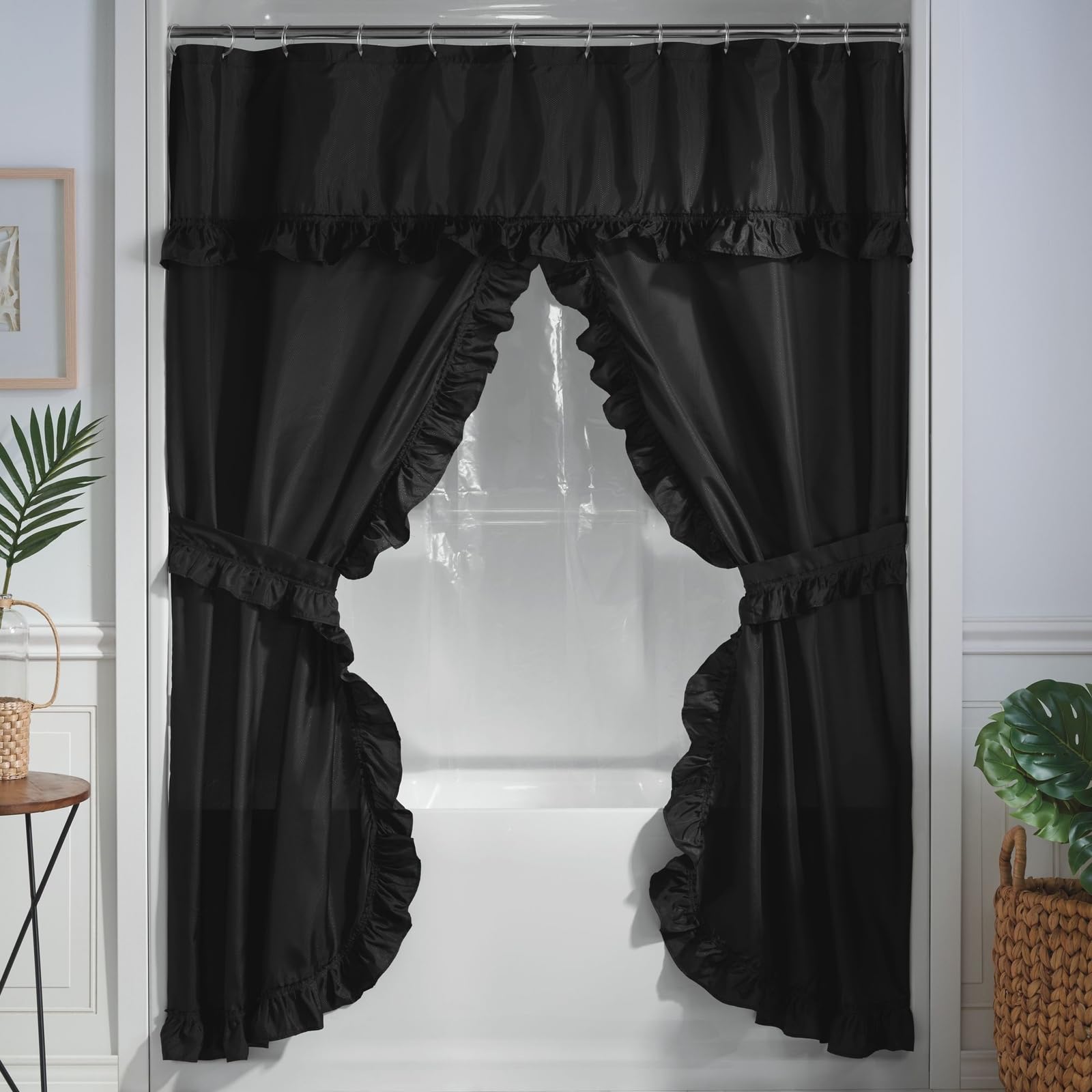 Stoneberry Home Ruffled Shower Curtain Set Polyester Black 70" x 72"