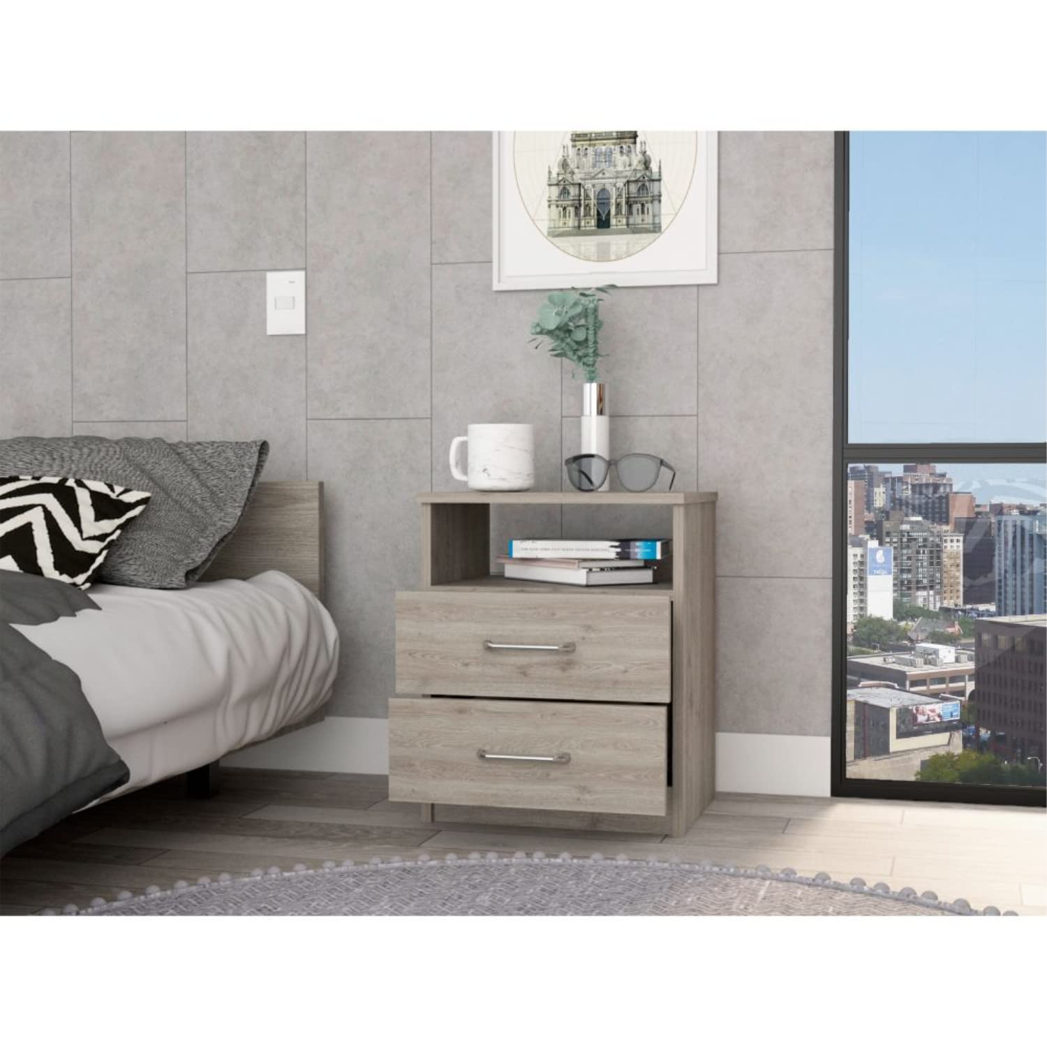 Nightstand 20" H, 2 Drawers, 1 Shelf, Superior Top, Light Gray