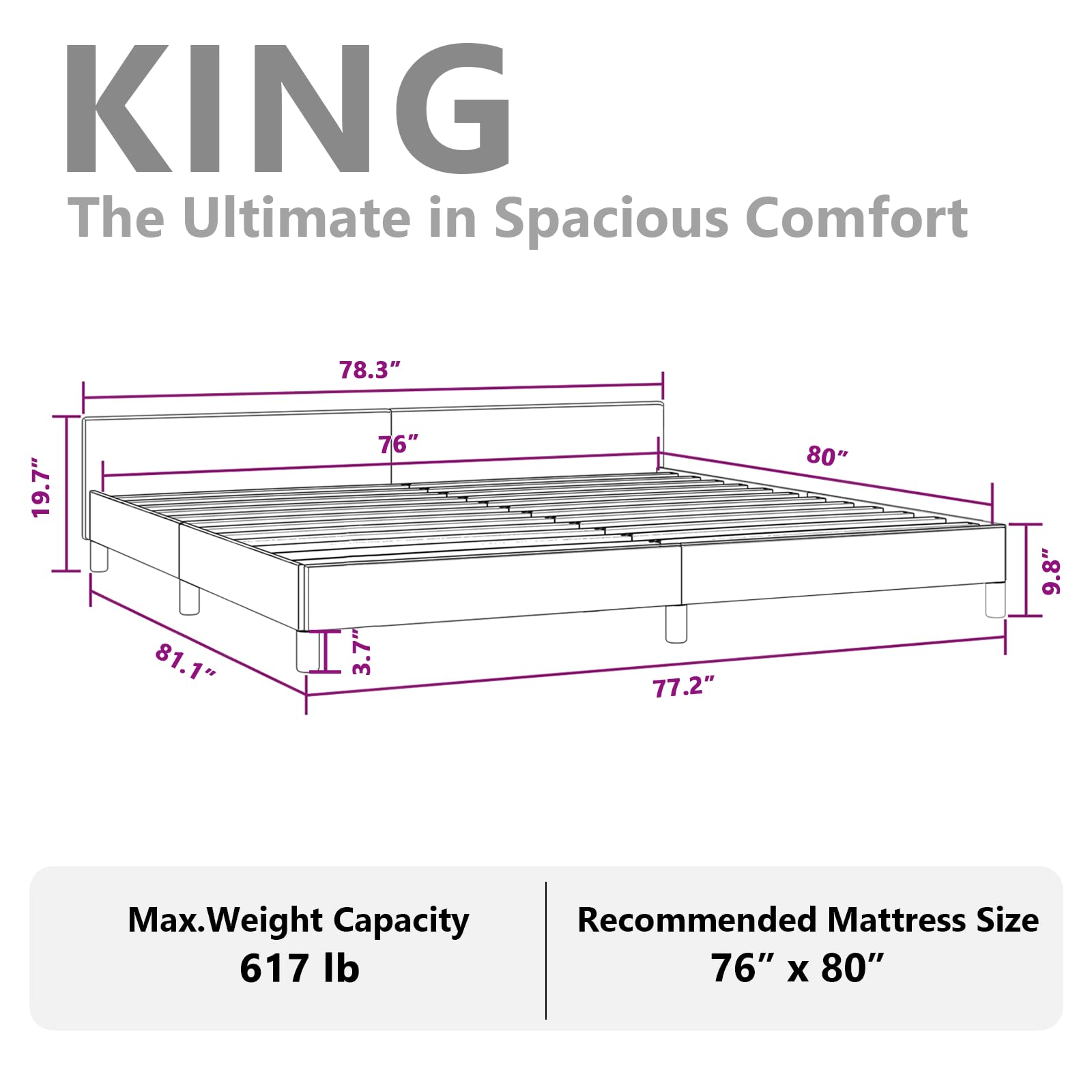 vidaXL Faux Leather Bed Frame Platform Bed, Scandinavian Style/Slats Support/No Box Spring Needed/Without Mattress/Easy Assembly, White King Bed