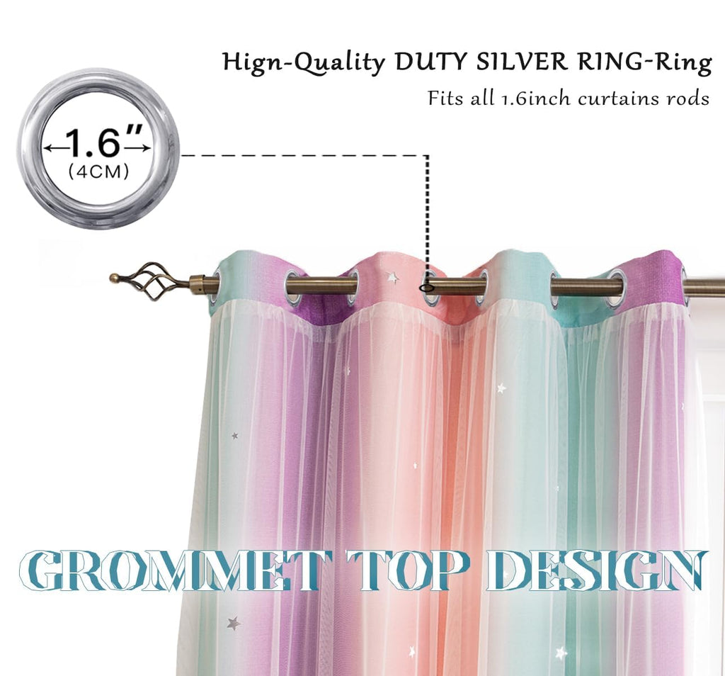 Yancorp Curtains For Girls Bedroom Kids Curtain Hollow-Out Star Window Nursery Curtain 72 Inches Length Room Darkening Grommet 2 Layers (Green Pink Purple, W52 X L72)