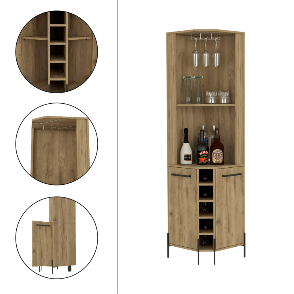 Bosnia Corner Bar Cabinet With 2 Open Shelves, 5 Wine Cubbies, 2 Cabinets, 4 Inner Shelves, And Glass Rack, Macadamia