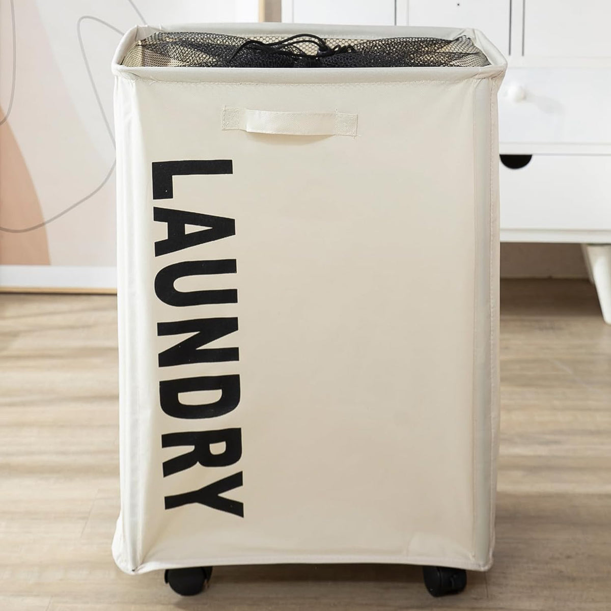 HOKIPO Large Laundry Basket Foldable Hamper With Wheels, Cream (AR4858CRM)