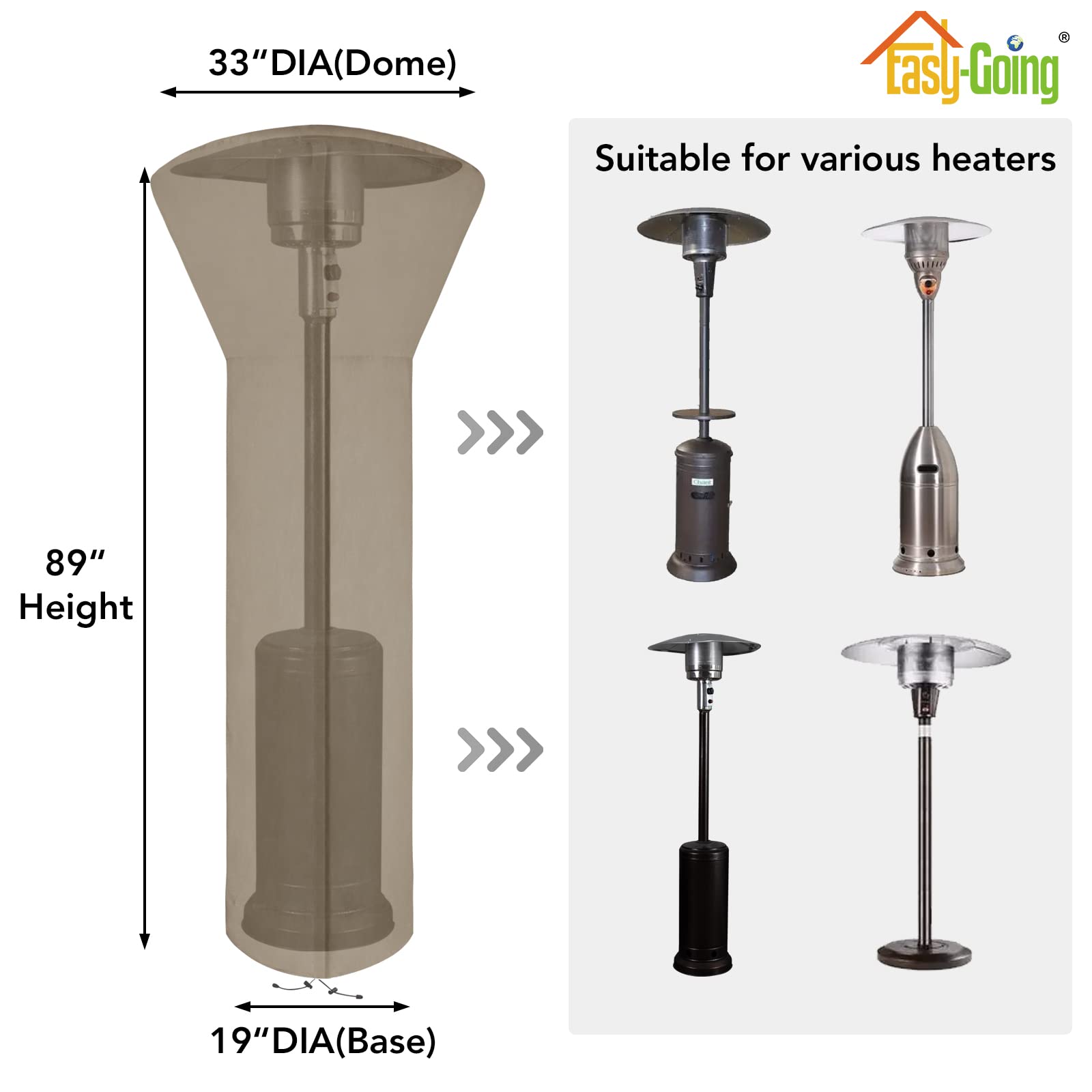 Easy-Going Patio Heater Cover With Zipper And Storage Bag, Waterproof Outdoor Heater Cover Dustproof, Uv-Resisant, Wind-Resistant (89'H X 33'D X 19'B, Camel)