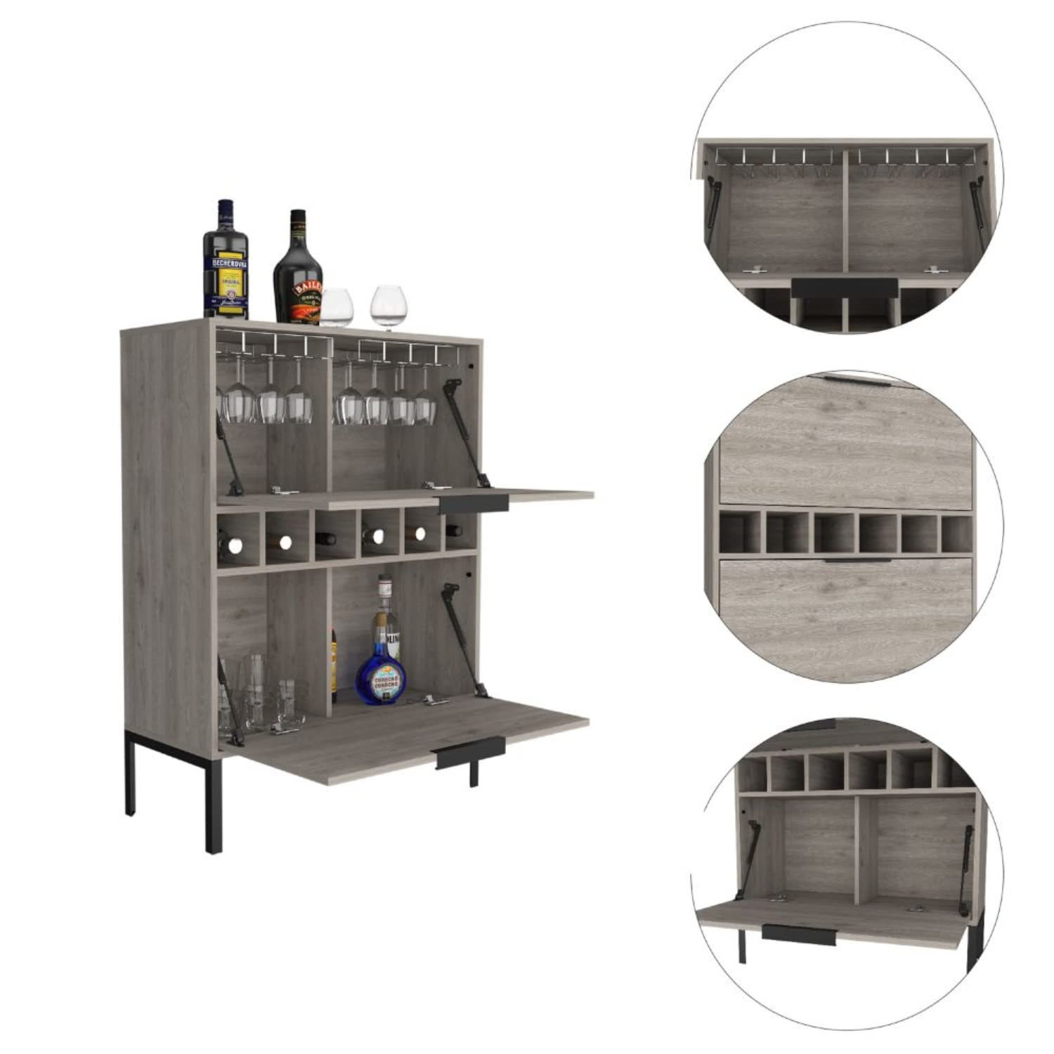 bar-coffee 43"" H, with metal legs, Kitchen or living cabinet with 1 upper swing door drawer, 2 cup holders inside, 1 central shelf, and 1 lower divided drawer, ligh gray