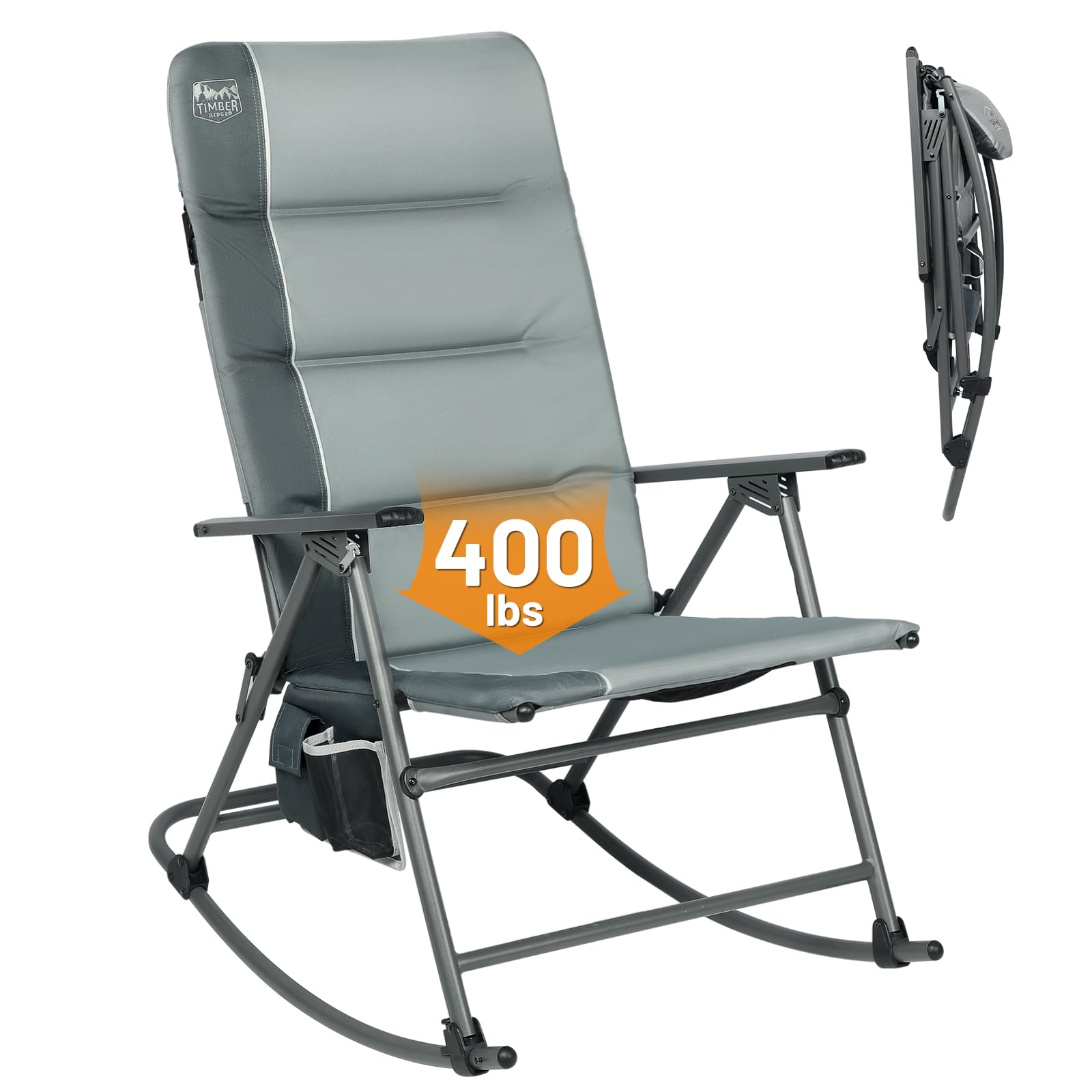 Timber Ridge Oversized Folding Rocking Camping Chair, Padded Outdoor Rocker With High Back, Portable Outdoor Chair For Patio, Garden, Lawn, Supports Up To 400 Lbs, Gray