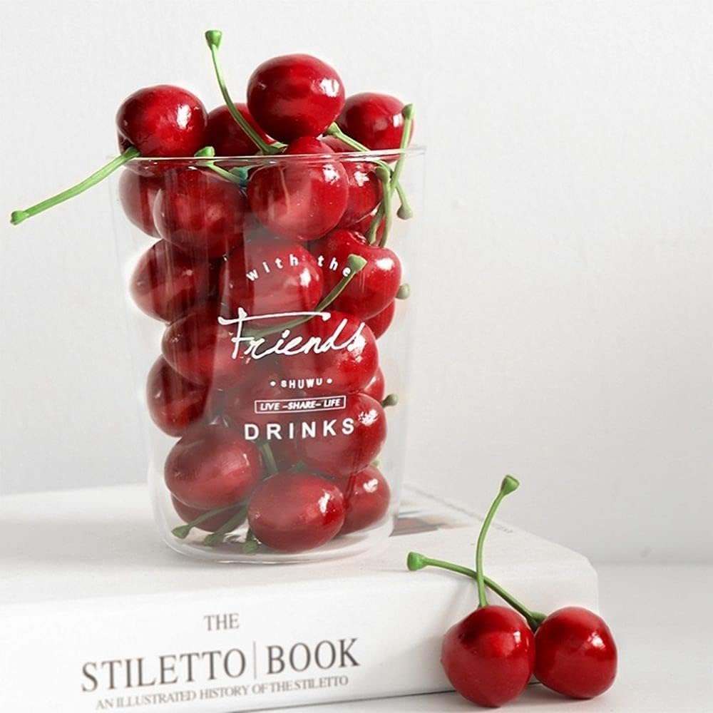 Baolaili 20Pcs Red Artificial Cherries, Fake Fruit Decor Simulation Cherry Model Lifelike Fruit Cherry Ornament, Home Kitchen Pa