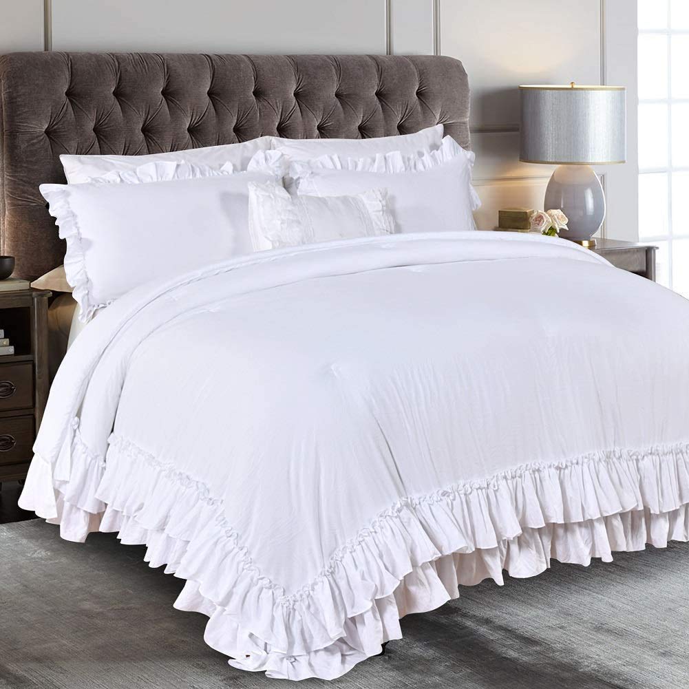Qsh White Ruffled Comforter Set Queen Size Farmhouse Shabby Boho Chic White Bedding Set Queen Size Lightweight Fluffy Microfiber