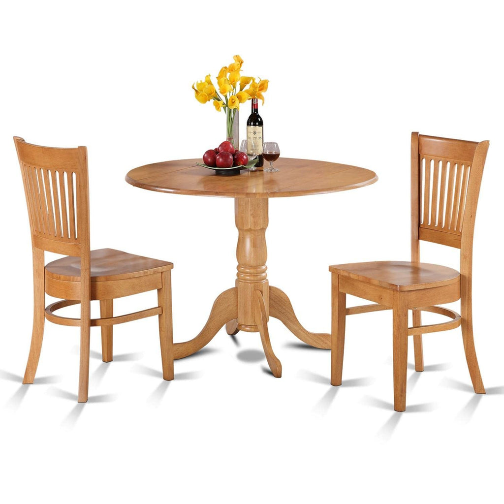 East West Furniture DLVA3-OAK-W Dublin 3 Piece Set for Small Spaces Contains a Round Dining Room Table with Dropleaf and 2 Wooden Seat Chairs, 42x42 Inch