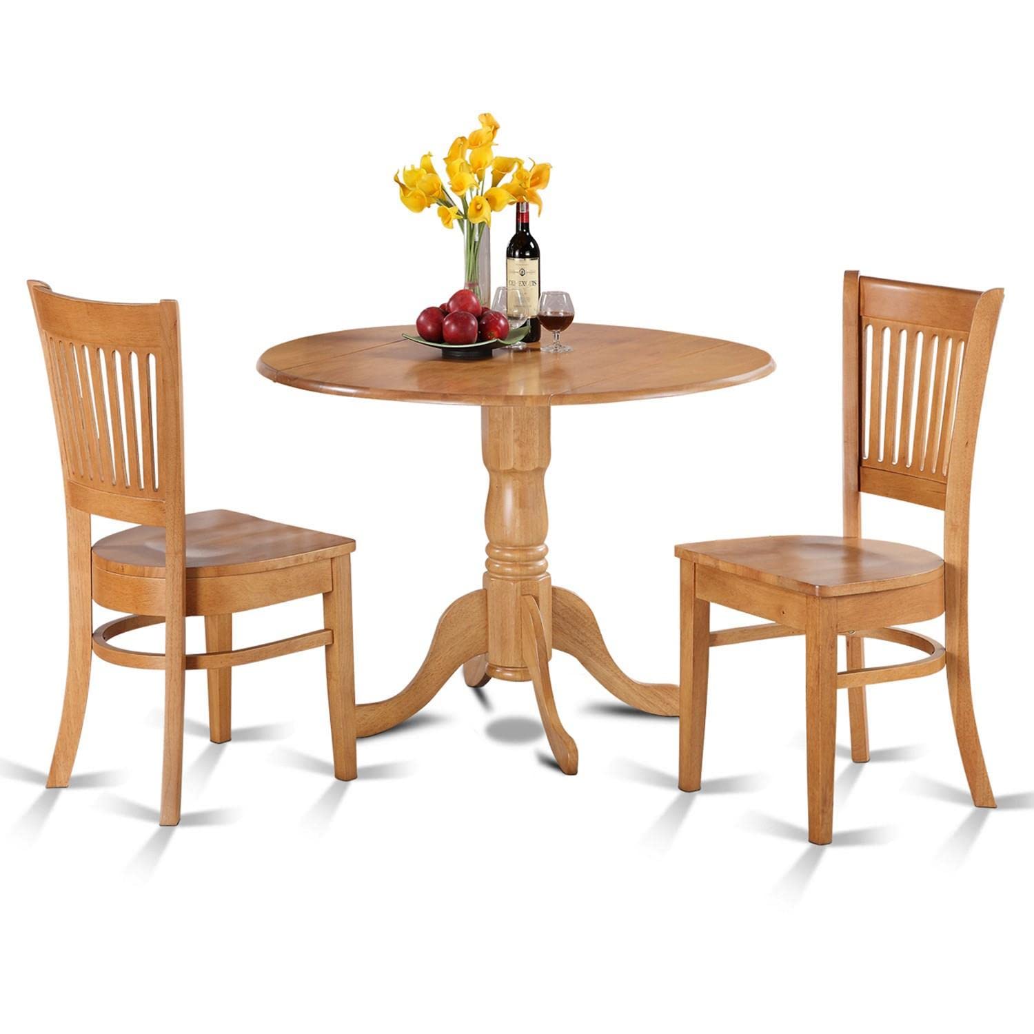 East West Furniture DLVA3-OAK-W Dublin 3 Piece Set for Small Spaces Contains a Round Dining Room Table with Dropleaf and 2 Wooden Seat Chairs, 42x42 Inch