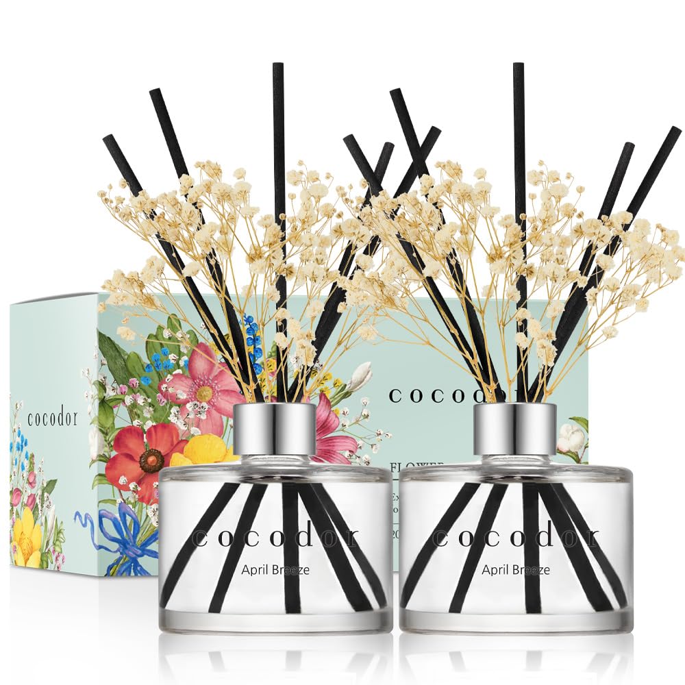 COCODOR Preserved Real Flower Reed Diffuser/April Breeze / 6.7oz(200ml) / 2 Pack/Reed Diffuser Set, Oil Diffuser & Reed Diffuser