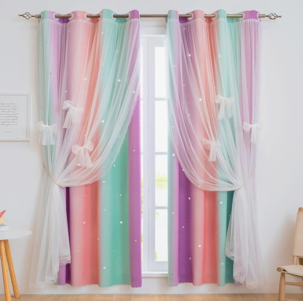 Yancorp Curtains For Girls Bedroom Kids Curtain Hollow-Out Star Window Nursery Curtain 72 Inches Length Room Darkening Grommet 2 Layers (Green Pink Purple, W52 X L72)