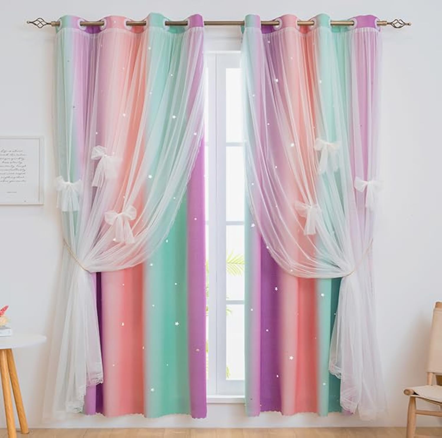 Yancorp Curtains For Girls Bedroom Kids Curtain Hollow-Out Star Window Nursery Curtain 72 Inches Length Room Darkening Grommet 2 Layers (Green Pink Purple, W52 X L72)