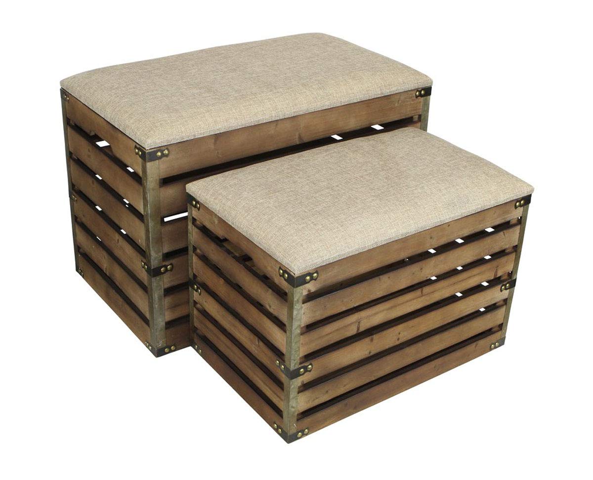 CheungS Set Of 2 Rectangular Wood Slat Metal Accents And Cushioned Lid Storage Bench, Small, Brown
