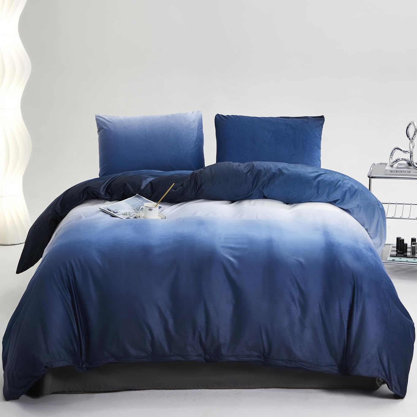 Karever Blue White Gradient Comforter Set King Blue Velvet Bedding Comforter Modern Plain White And Royal Blue Gradient Soft Qui