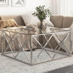 vidaXL Silver Stainless Steel and Tempered Glass Square Coffee Table Desk for Office/Living Room