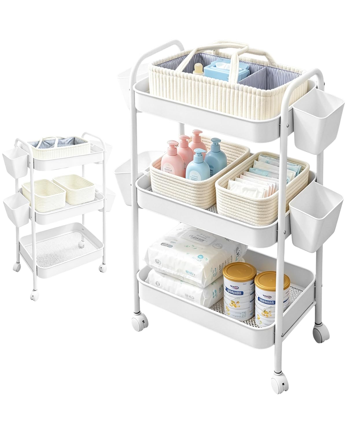 HAPPYER 3 Tier Rolling Cart Organizer with Wheels, Metal Utility Storage Cart for Nursery, Bathroom, Kitchen, Craft Room & Laund