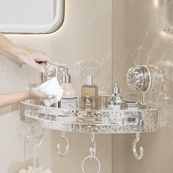 DOMELIXA Bathroom Corner Shelf for Wall with Strong Suction Cups  Transparent Acrylic Triangle Storage Rack with Utility Hooks,