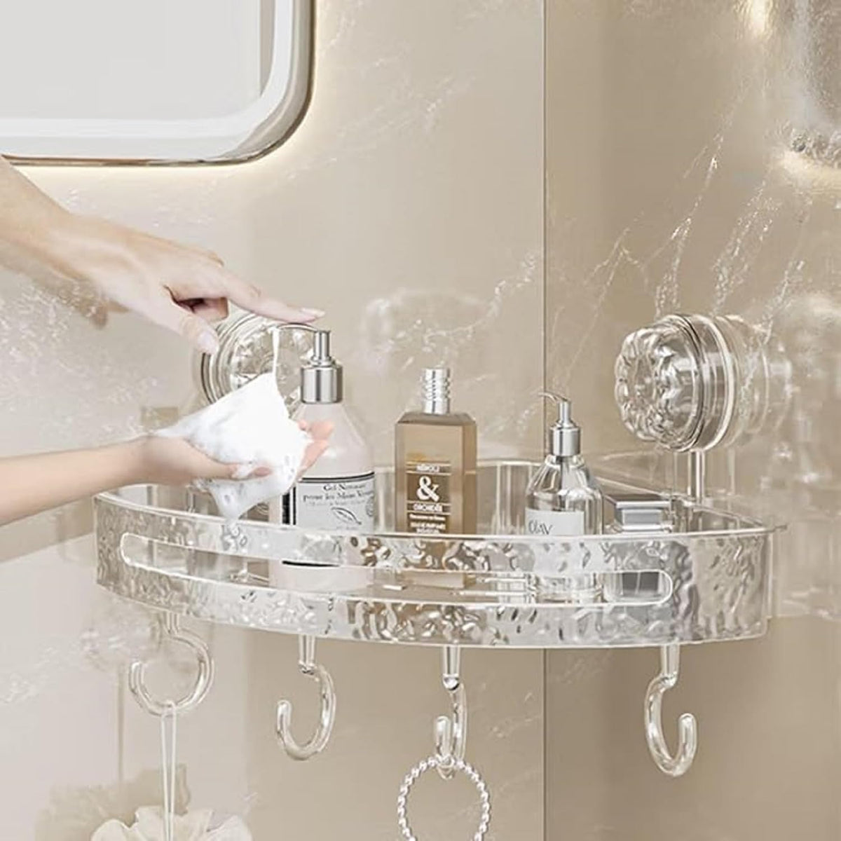 DOMELIXA Bathroom Corner Shelf for Wall with Strong Suction Cups  Transparent Acrylic Triangle Storage Rack with Utility Hooks,