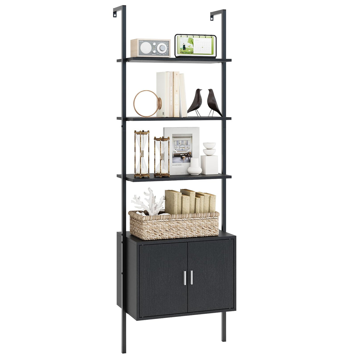 Giantex 72.5 Ladder Bookshelf with Cabinet, 5Tier Tall WallMounted Shelf w/Storage, Modern Style Kitchen Open Shelving Organi