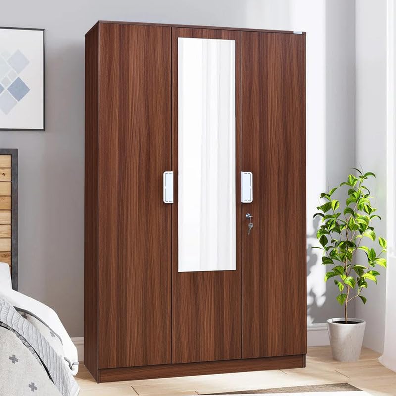 Nilkamal Joyce 3 Door Wooden Wardrobe With Mirror For Bedroom | Almirah With 8 Shelves & 1 Hanging Rod | Clothes Cupboard | Engi