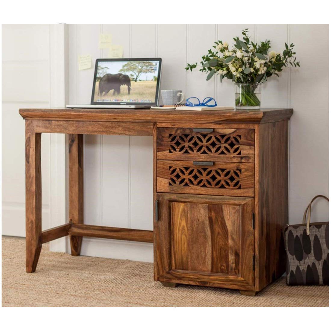 Shree Nath Ji Craft House Sheesham Wood Cnc Reading Writing Study Table With 2 Drawers And Cabinet Storage Computer Workstation