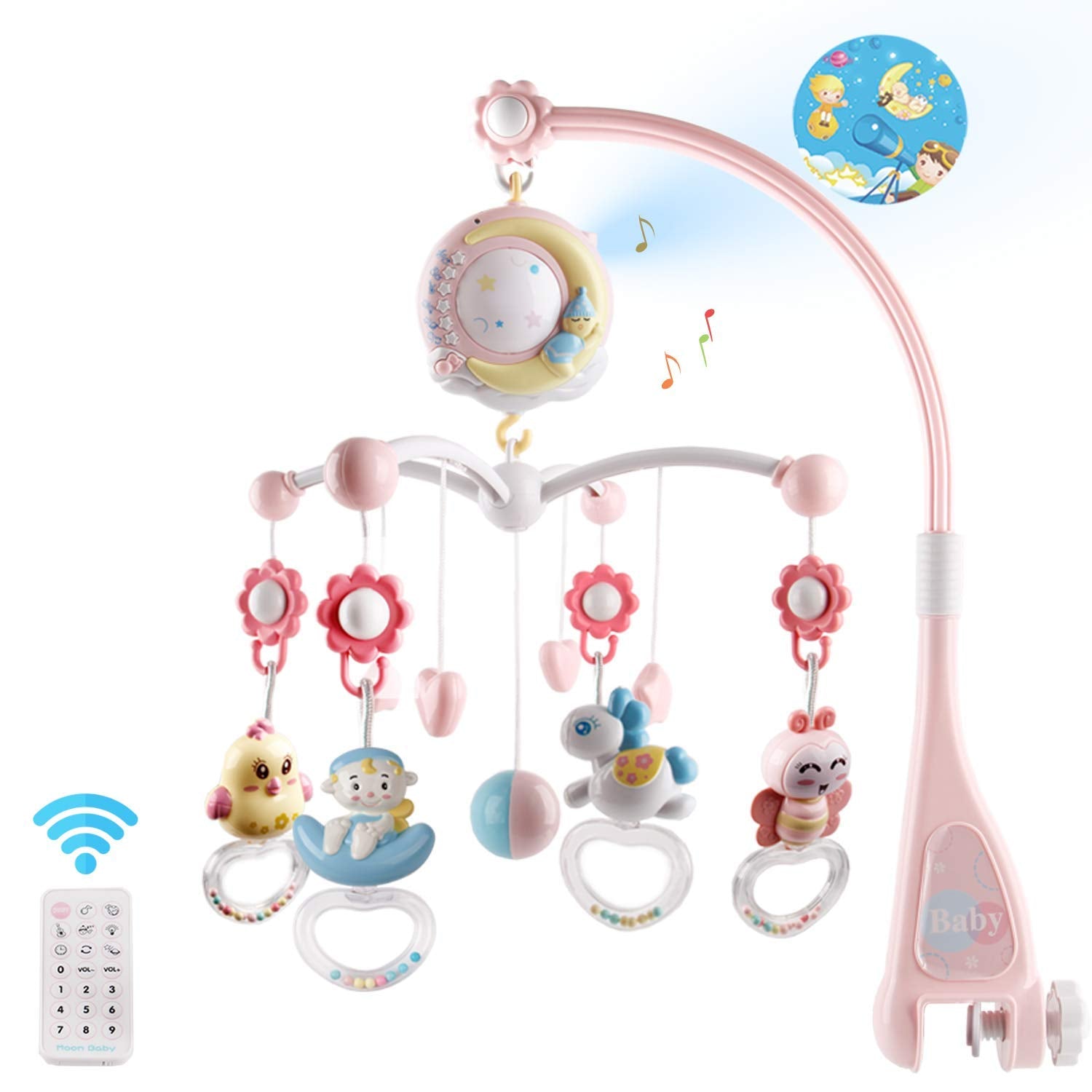 Baby Musical crib Mobile with Timing Function Projector and Lights,Hanging Rotating Rattles and Remote control Music Box with 15