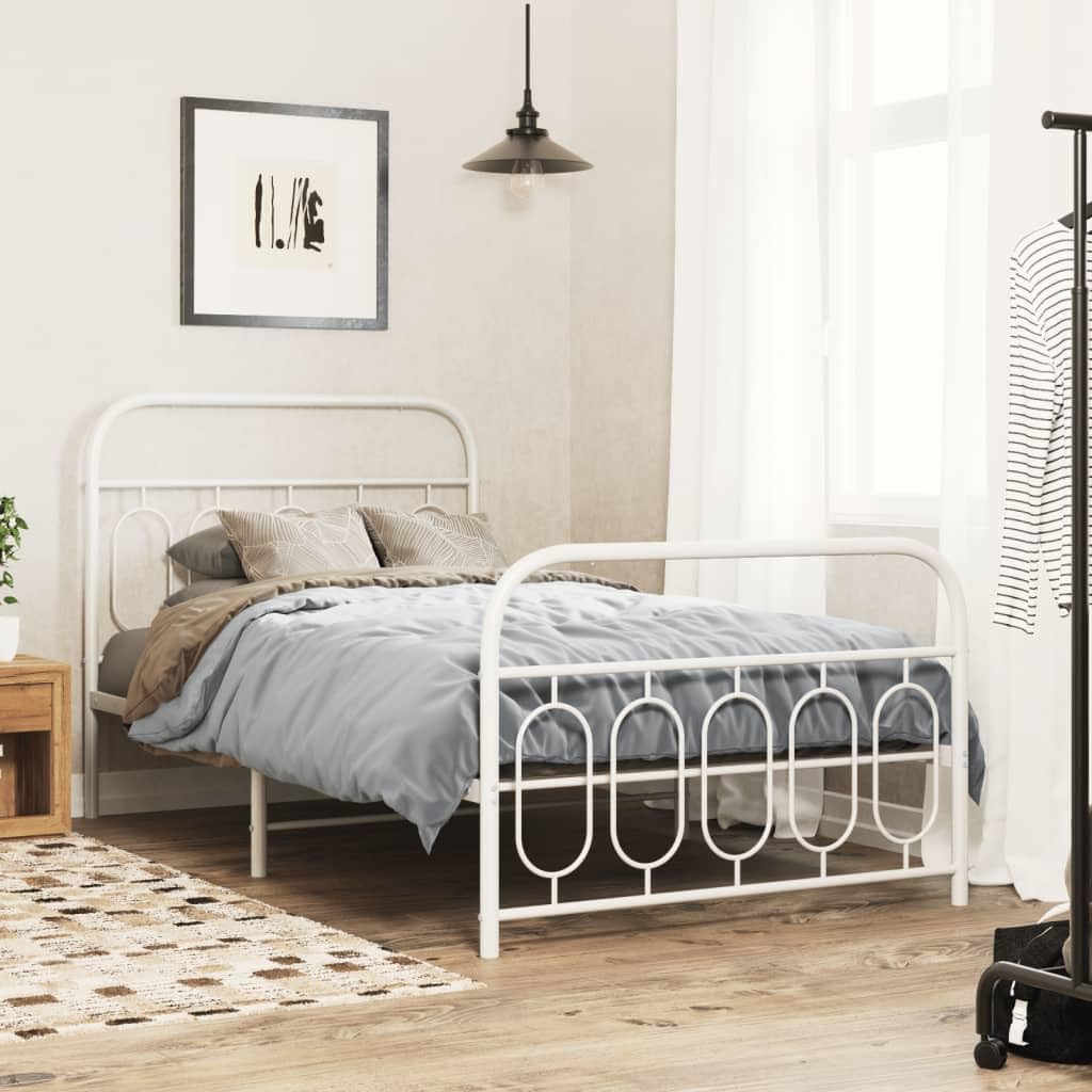 vidaXL Metal Bed Frame with Headboard & Footboard - White, Steel, Single, 39.4"x78.7" - Modern Design, Extra Storage Space, Bedroom Furniture