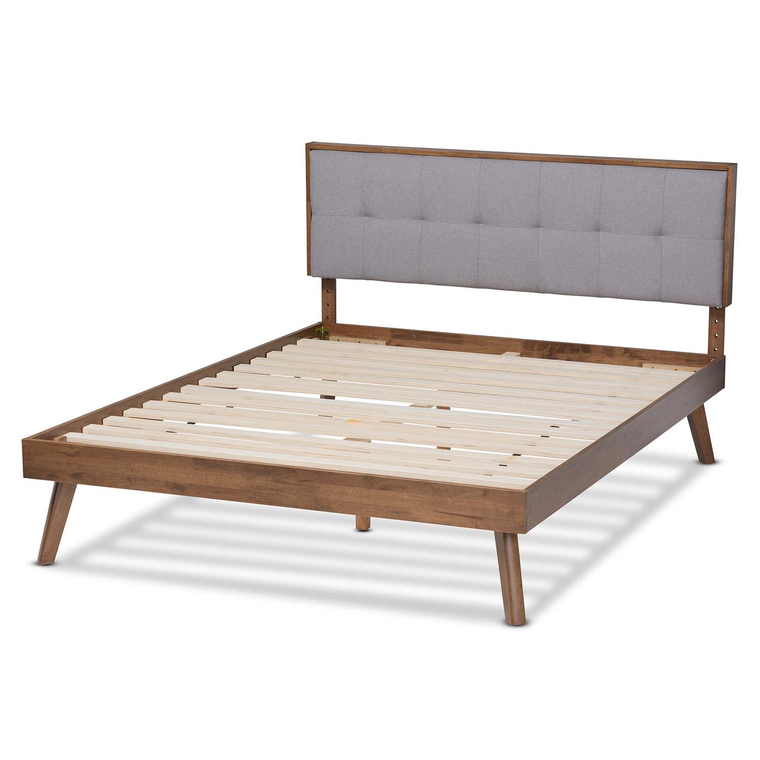 Baxton Studio Alke Mid-Century Modern Light Grey Fabric Upholstered Walnut Brown Finished Wood King Size Platform Bed