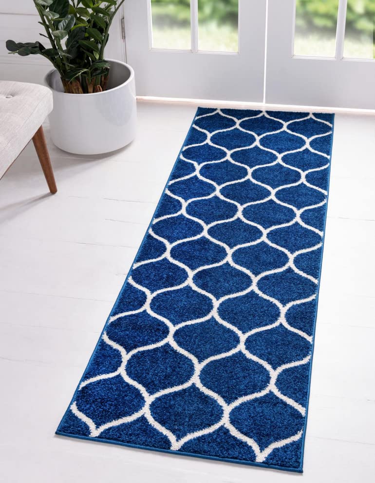 Unique Loom Trellis Frieze Collection Area Rug - Rounded (2' X 8' 8'' Runner, Navy Blue/ Ivory)