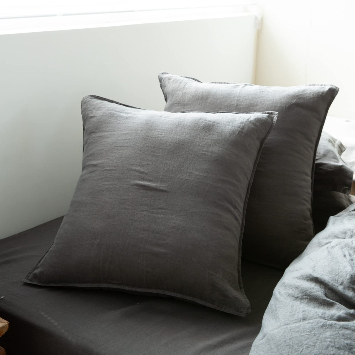 Simple&Opulence 100% Washed Linen Euro Shams Basic Style (26'' X 26'') - Pack Of 2 - Solid Color Pillow Shams Natural Flax Square Throw Pillow Covers - Dark Grey