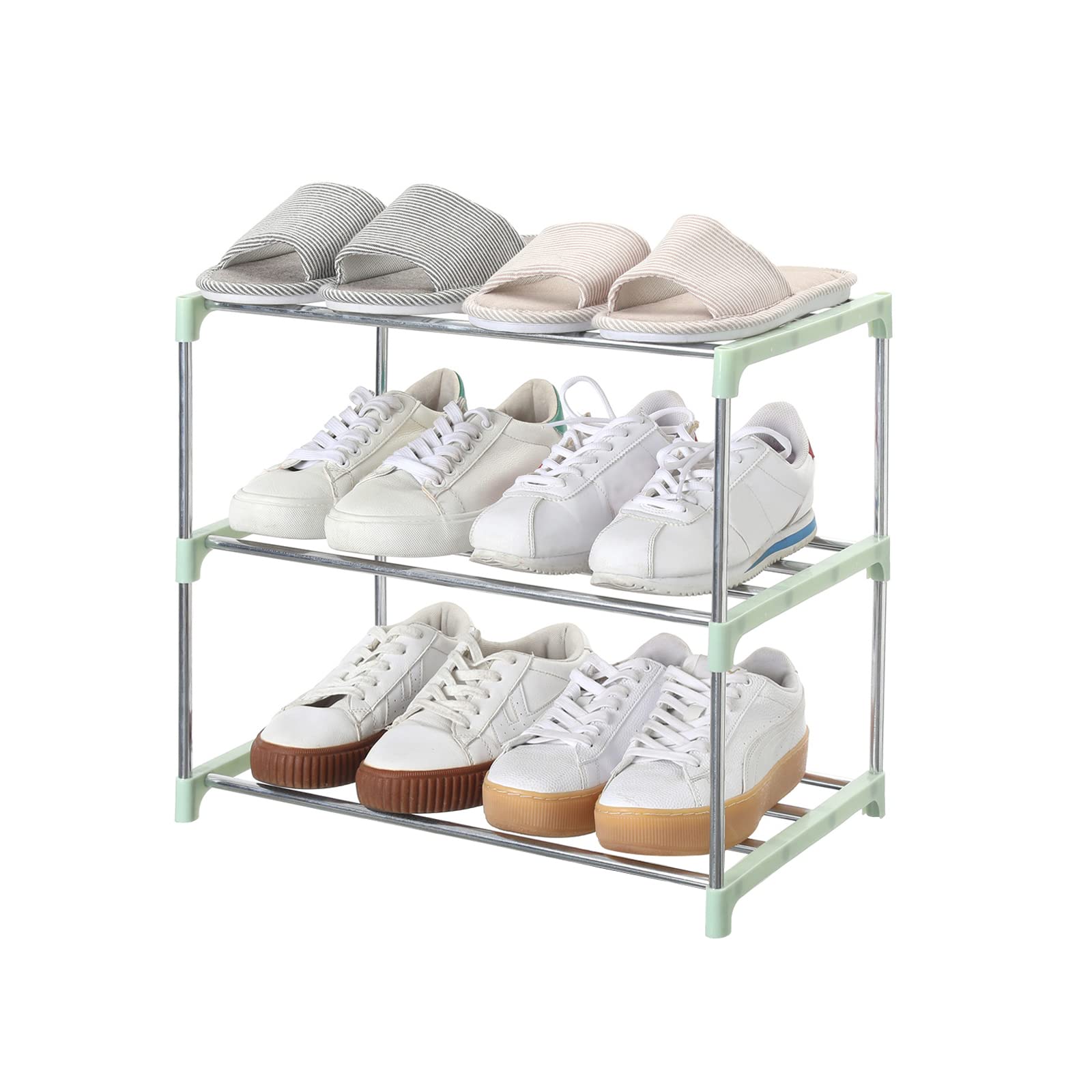 Jucaifu Stackable Small Shoe Rack, Entryway, Hallway and Closet Space Saving Storage and Organization (3-Tier, Green)