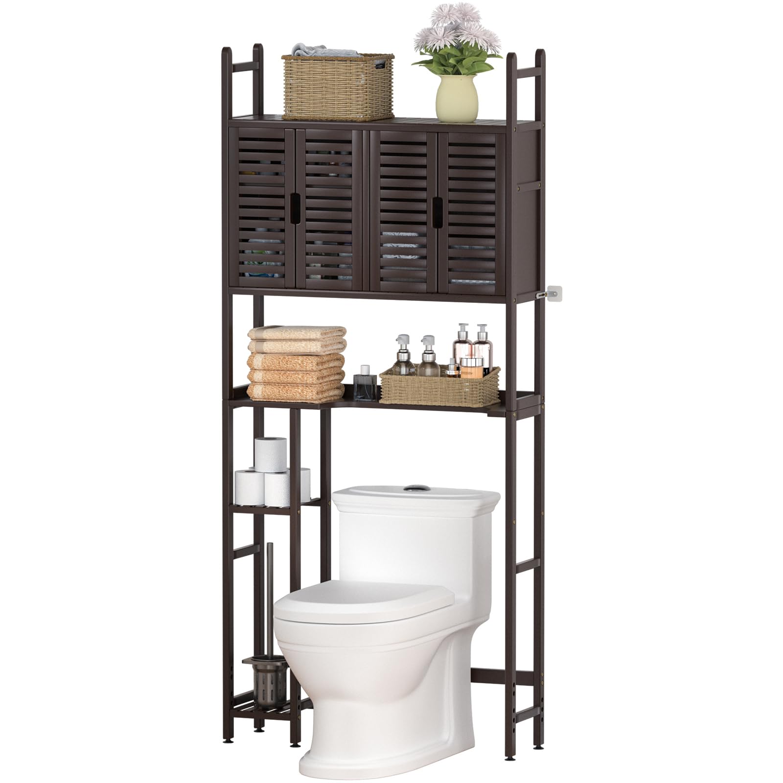 Cozivolife Over The Toilet Storage Cabinet with Paper Holder Stand,Bamboo Bathroom Organizer Shelf with Four Door and Waterproof