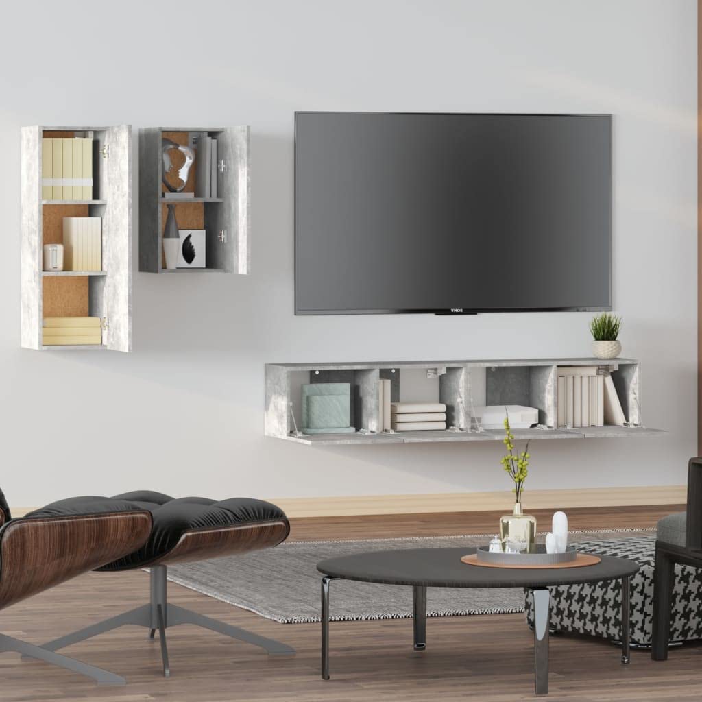 vidaXL TV Stand Set 4 Piece, Wall Mounted Entertainment Center, TV Stand Console with Storage, Modern Style, Concrete Gray Engineered Wood