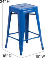 24 High Backless Blue Metal Counter Height Stool with Square Wood Seat
