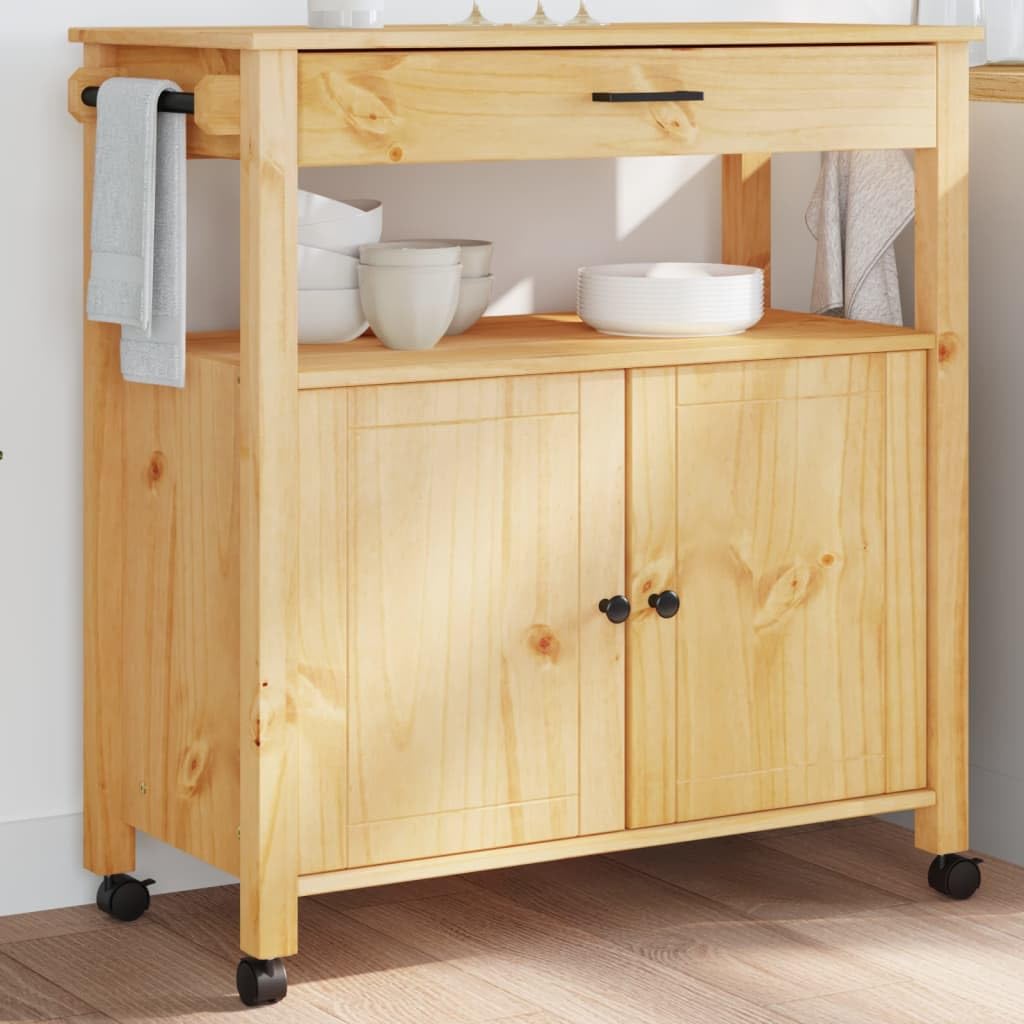 vidaXL Pine Wood Kitchen Trolley - Rolling Cart with Wheels, Drawer, Hook Storage, Honey Wax Brown Finish, 33.1x15.7x35.4 inches for Multiple Rooms