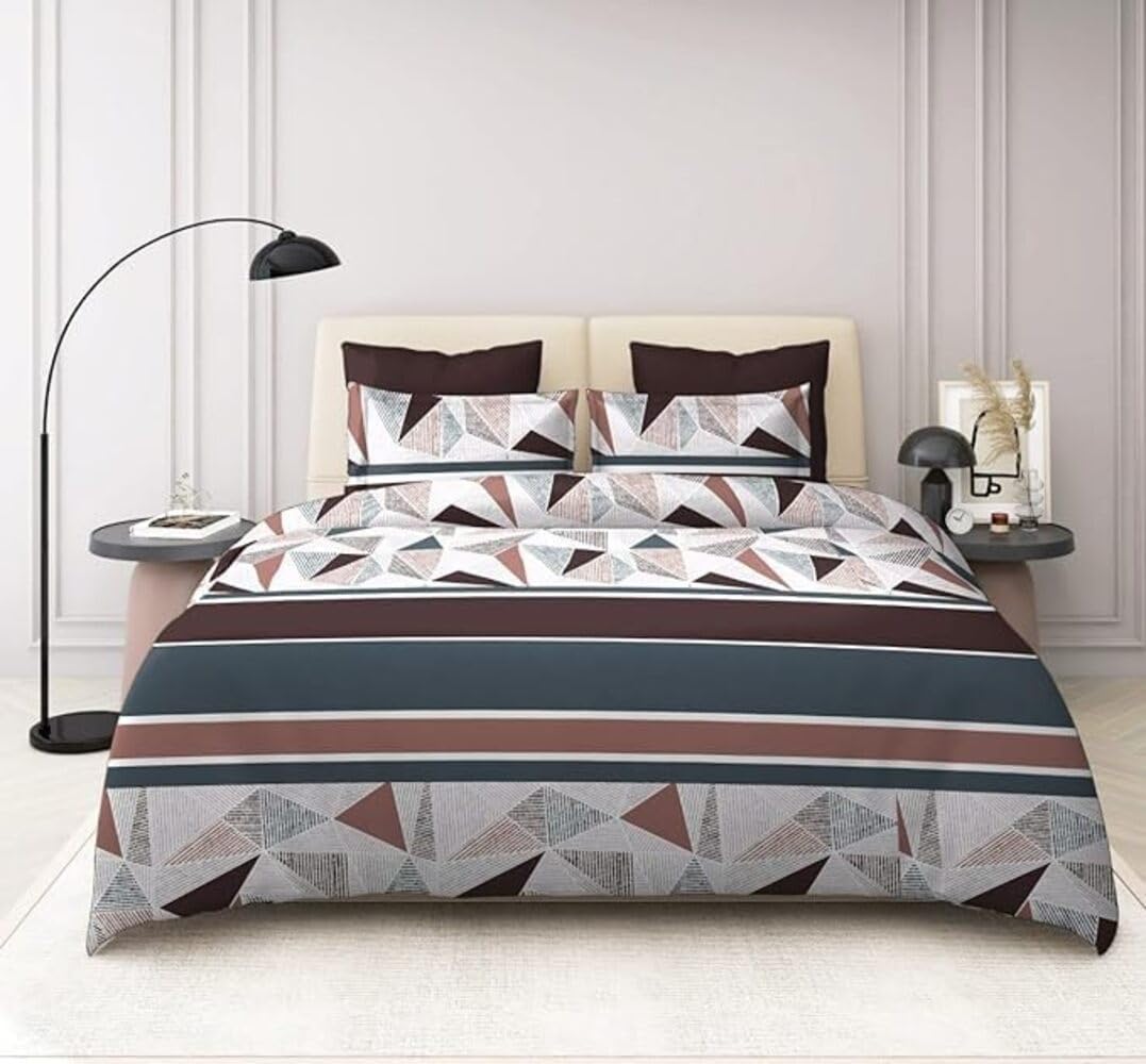 Tib Glace Cotton 78 X 60 Elastic Fitted Bedsheets Queen Size With 2 Pillow Covers, Pack Of 3, Geo Traingles