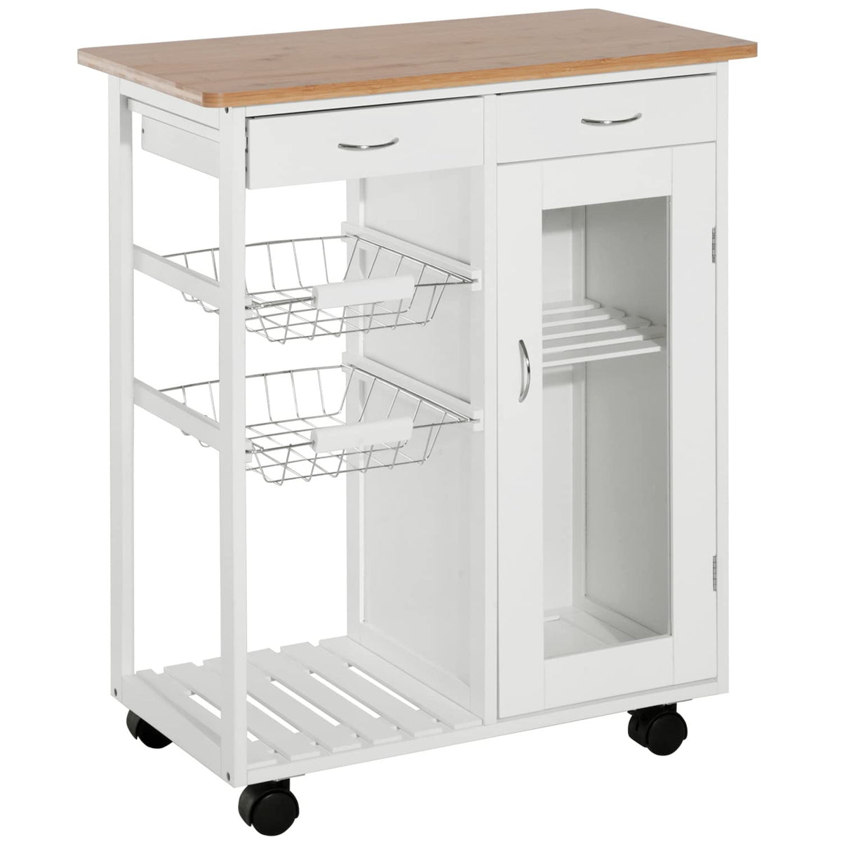 Homcom 28inch Rolling Kitchen Island With Storage, Kitchen Cart With Solid Bamboo Top, Wire Basket,Door Cabinet And Drawers, White