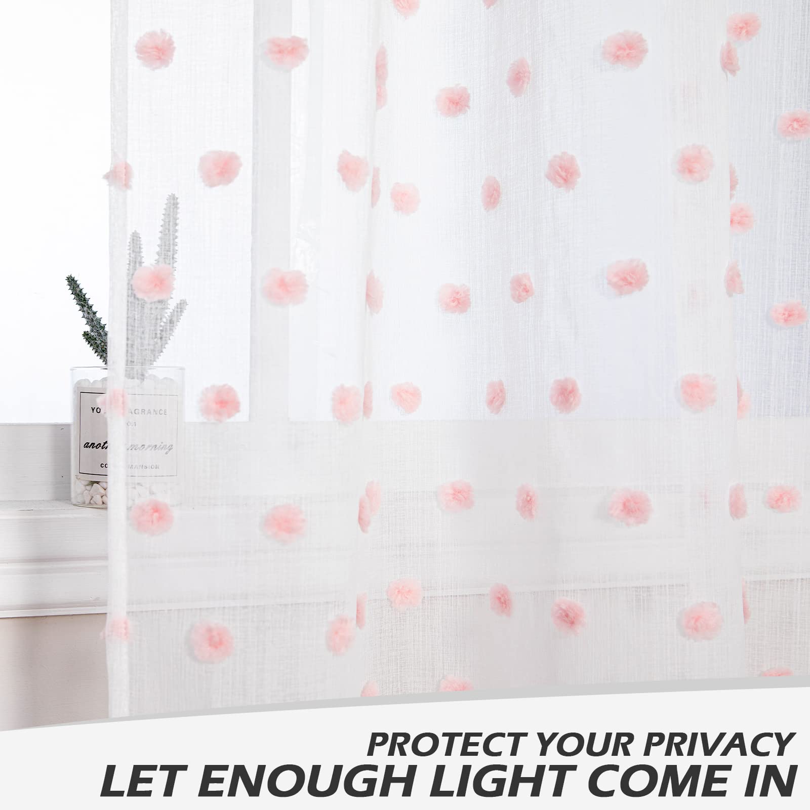 Mysky Home Pom Pom Sheer Curtains For Girls Bedroom Pink Curtains For Nursery 84 Inch Long Living Room Curtains 2 Panels Light Filtering Rod Pocket Semi Window Drapes 52 X 84 Inch